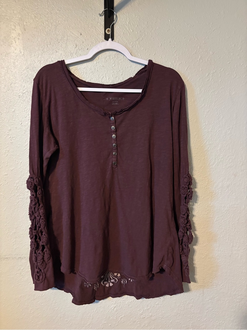 Stetson Plum Henley Long Sleeve Top with Crocheted Sleeve Detail